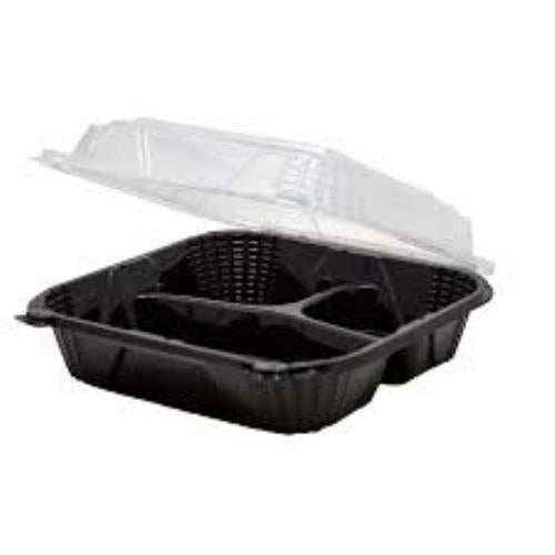 8" x 8" x 3" Black Base Clear Lid 3 Compartment Hinged Container
